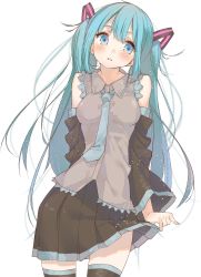 Rule 34 | 1girl, absurdres, aqua eyes, aqua hair, bad id, bad pixiv id, blush, detached sleeves, hatsune miku, highres, kayahara, long hair, necktie, simple background, skirt, skirt hold, solo, thighhighs, twintails, very long hair, vocaloid, white background