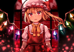 Rule 34 | 1girl, bad id, bad pixiv id, blonde hair, cloud, flandre scarlet, hat, long hair, looking at viewer, maitacoco, mob cap, puffy short sleeves, puffy sleeves, red eyes, red sky, ribbon, short sleeves, side ponytail, sky, solo, touhou, white hat, window, wings, yellow neckwear, yellow ribbon