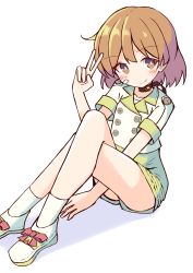 Rule 34 | 1girl, absurdres, alternate costume, blush, brown eyes, brown hair, closed mouth, collarbone, commentary request, crossed legs, green shorts, hand up, highres, ichi (ichi.colors), jacket, kantai collection, knees up, looking at viewer, oboro (kancolle), shadow, shirt, shoes, short shorts, short sleeves, shorts, sitting, smile, socks, solo, thighs, v, white background, white footwear, white jacket, white shirt, white socks