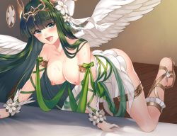 Rule 34 | 1girl, :d, ajishio, angel wings, armlet, bent over, blue eyes, blunt bangs, breasts, collarbone, dragon providence, feathered wings, flower, game cg, green hair, green ribbon, hair flower, hair ornament, hair ribbon, indoors, large breasts, long hair, looking at viewer, nipples, official art, open mouth, ribbon, skirt, smile, solo, thighlet, very long hair, white flower, white ribbon, white skirt, white wings, wings, wooden floor