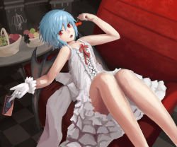 Rule 34 | 1girl, bare shoulders, blue hair, card, chair, cherry, dress, fangs, female focus, food, fruit, gloves, holding, holding card, holding food, holding fruit, legs, red eyes, remilia scarlet, solo, touhou, white gloves, wings, zatsuon