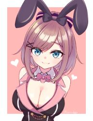 Rule 34 | 1girl, :3, animal ears, aqua eyes, arms behind back, bare shoulders, black bow, black vest, bow, bowtie, breasts, brown hair, cleavage, closed mouth, collar, collarbone, commentary request, detached collar, hair bow, hair ornament, hairclip, heart, large breasts, leotard, lise imo, looking at viewer, medium hair, nijisanji, pink background, pink bow, pink bowtie, pink vest, playboy bunny, purple bow, rabbit ears, raised eyebrow, smile, solo, striped bow, suzuhara lulu, twitter username, two-tone background, two-tone bow, vest, virtual youtuber, white background, white collar