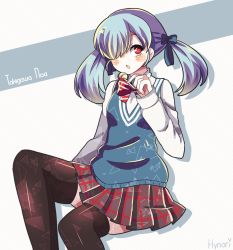Rule 34 | 10s, 1girl, blue hair, blush, breasts, candy, food, hair ornament, hair over one eye, highres, lollipop, long hair, open mouth, red eyes, ribbon, simple background, skirt, solo, striped, striped background, takigawa noa, thighhighs, twintails, yamada-kun to 7-nin no majo