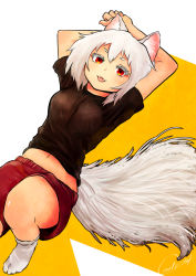 Rule 34 | 1girl, animal ears, arms behind head, black shirt, breasts, carte, fangs, inubashiri momiji, lying, medium breasts, midriff, navel, on back, red eyes, red shorts, shirt, short sleeves, shorts, solo, t-shirt, tail, touhou, white hair, wolf ears, wolf tail