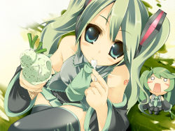 Rule 34 | 1girl, amanooni touri, eating, food, green hair, hatsune miku, ice cream, solo, thighhighs, twintails, vocaloid