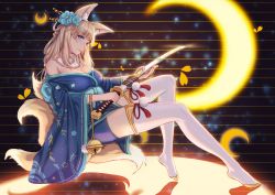 Rule 34 | 1girl, animal ears, azur lane, backlighting, bare shoulders, bell, blonde hair, blue eyes, blue flower, blue kimono, blush, breasts, cleavage, crescent moon, floating, flower, fox ears, fox tail, hair flower, hair ornament, head tilt, holding, holding sword, holding weapon, japanese clothes, jingle bell, kimono, long hair, looking at viewer, moon, multiple tails, niizuki (azur lane), off shoulder, sidelocks, sitting, skindentation, solo, sword, tail, tears, thick eyebrows, thighhighs, thighs, weapon, white thighhighs, wide sleeves, you ni ge shaobing