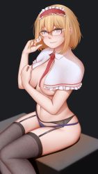 Rule 34 | 1girl, alice margatroid, bespectacled, black background, black panties, black thighhighs, blonde hair, blue eyes, blush, breasts, capelet, covering privates, covering breasts, garter belt, garter straps, glasses, hairband, highres, large breasts, looking at viewer, mochi (chain csn), navel, over-rim eyewear, panties, red-framed eyewear, semi-rimless eyewear, short hair, simple background, sitting, smile, solo, thighhighs, touhou, underwear, wing collar