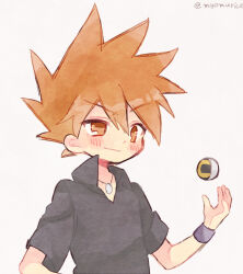 Rule 34 | 1boy, black shirt, black wristband, blue oak, blush, brown eyes, brown hair, collared shirt, commentary, creatures (company), game freak, great ball, grey background, hand up, high collar, jewelry, male focus, mgomurainu, necklace, nintendo, pendant, poke ball, pokemon, pokemon frlg, shirt, short hair, short sleeves, simple background, smile, spiked hair, tossing, twitter username, upper body
