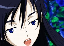 Rule 34 | 00s, 1girl, black hair, blood+, blue eyes, close-up, diva, diva (blood+), female focus, long hair, open mouth, solo, vector trace
