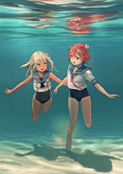 Rule 34 | 10s, 2girls, bare legs, barefoot, blonde hair, blue eyes, covered navel, flower, freediving, hair flower, hair ornament, i-58 (kancolle), kantai collection, long hair, looking at another, multiple girls, neckerchief, open mouth, outstretched arms, pink hair, red eyes, reflection, ro-500 (kancolle), sailor collar, school swimsuit, shadow, shirt, short hair, short sleeves, sleeveless, sleeveless shirt, smile, swimming, swimsuit, swimsuit under clothes, tan, underwater, white shirt, youmak