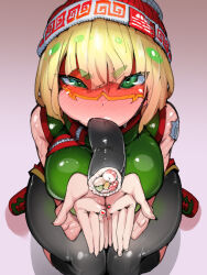 Rule 34 | 1girl, arms (game), blonde hair, blush, bob cut, cheek bulge, cupping hands, domino mask, ehoumaki, fellatio, food, food in mouth, from above, green eyes, hat, highres, looking at viewer, makizushi, mask, min min (arms), oral, own hands together, phallic symbol, seiza, sexually suggestive, short hair, simulated fellatio, sitting, solo, sushi, tagme, takayama toshinori