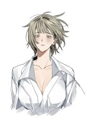 Rule 34 | 1girl, blush, breasts, cleavage, collarbone, cropped torso, dungeon meshi, falin touden, floating hair, grey hair, half-closed eyes, highres, korean commentary, large breasts, light brown hair, looking at viewer, messy hair, red eyes, shirt, short hair, sickjwa, simple background, solo, straight-on, unusually open eyes, white background, white shirt