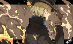 Rule 34 | 1boy, ascot, black coat, black hat, blonde hair, burning clothes, coat, from side, hand on headwear, hand up, hat, highres, kankan33333, letterboxed, male focus, one piece, outside border, sabo (one piece), short hair, smile, solo, top hat, white ascot