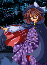 Rule 34 | 1girl, brown hair, cape, city, d@i (d@i-hard), d@i (stamp delete), english text, glasses, hat, hat ribbon, highres, outstretched arm, pleated skirt, red eyes, ribbon, shirt, short hair, shrine, skirt, smile, solo, touhou, usami sumireko, vest