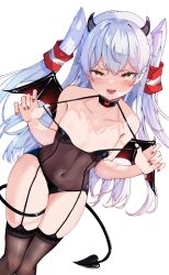 Rule 34 | 1girl, absurdres, amatsukaze (kancolle), bare arms, bare shoulders, black horns, black leotard, black tail, black thighhighs, black wings, blush, breasts, calin, cleavage, commentary request, covered navel, demon horns, demon tail, demon wings, fangs, garter straps, hair tubes, halterneck, highres, horns, kantai collection, lace, lace-trimmed thighhighs, lace trim, leotard, long hair, looking at viewer, nail polish, open mouth, red nails, red wings, simple background, small breasts, solo, strap pull, tail, thighhighs, thighs, two side up, white background, white hair, wings, yellow eyes