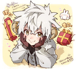 Rule 34 | 1boy, brown gloves, character request, copyright request, fur collar, gift, gloves, goat boy, goat horns, heart, horns, jacket, looking at viewer, male focus, rabbit, rifuru, short hair, smile, solo, white hair