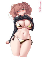 Rule 34 | 1girl, alternate costume, atlanta (kancolle), blush, bra, breasts, brown hair, clothes lift, commentary, cowboy shot, earrings, ebifurya, gold bra, gold panties, grey eyes, hair between eyes, highres, jewelry, kantai collection, large breasts, lifted by self, long hair, long sleeves, looking at viewer, navel, one-hour drawing challenge, panties, shirt, shirt lift, simple background, solo, star (symbol), star earrings, twitter username, two side up, underwear, white background