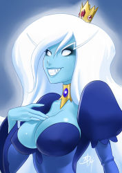 Rule 34 | 1girl, adventure time, blue skin, breasts, cleavage, colored skin, covered erect nipples, crown, dress, eyeshadow, gender request, genderswap, grin, ice queen (adventure time), impossible clothes, impossible dress, lips, long hair, makeup, mini crown, polarityplus, sharp teeth, smile, solo, teeth, very long hair, white eyes, white hair