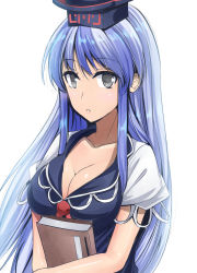 Rule 34 | 1girl, :o, blue dress, blue hair, blush, book, breasts, cleavage, collarbone, commentary request, dress, grey eyes, hat, highres, holding, holding book, kamishirasawa keine, large breasts, long hair, looking at viewer, multicolored hair, short sleeves, silver hair, solo, touhou, two-tone hair, upper body, white background, y2