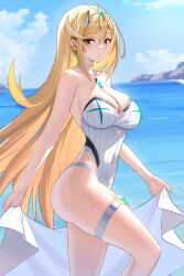 Rule 34 | 1girl, absurdres, bare arms, bare shoulders, blonde hair, blue sky, blush, breasts, casual one-piece swimsuit, chest jewel, choker, cleavage, closed mouth, covered navel, day, earrings, highres, holding, jewelry, large breasts, long hair, looking at viewer, mythra (radiant beach) (xenoblade), mythra (xenoblade), northman, ocean, official alternate costume, one-piece swimsuit, outdoors, sky, solo, standing, strapless, strapless one-piece swimsuit, swimsuit, thigh strap, tiara, very long hair, water, white choker, white one-piece swimsuit, xenoblade chronicles (series), xenoblade chronicles 2, yellow eyes