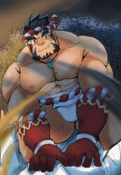 Rule 34 | 2boys, abs, bara, black hair, blush, bulge, colored skin, facial hair, forked eyebrows, fundoshi, goatee, goriin110, hachimaki, headband, highres, japanese clothes, large pectorals, looking at another, male focus, mature male, multiple boys, muscular, muscular male, mutton chops, nejiri hachimaki, nipples, out of frame, pectorals, protagonist 3 (housamo), red skin, short hair, solo focus, stomach, straddling, sweat, tajikarao (housamo), thick eyebrows, thick thighs, thighs, tokyo houkago summoners, topless male, tusks, yaoi