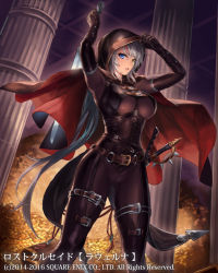 Rule 34 | 1girl, arms up, belt, black gloves, bodysuit, boots, breasts, cape, corset, cuboon, elbow gloves, female focus, gloves, gold, grey hair, heterochromia, holding, holding weapon, hood, hooded bodysuit, large breasts, leather, long hair, looking at viewer, lost crusade, money, multiple belts, official art, parted lips, pectorals, pillar, skin tight, solo, sword, thigh boots, thighhighs, treasure, treasure chest, underboob, weapon, white hair