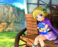Rule 34 | 1girl, :o, apple, bandages, barrel, belt, blonde hair, blue eyes, blurry, blush, boots, bottle, bow, cape, child, cloud, crossed arms, day, depth of field, dragon quest, dragon quest v, dress, food, fruit, gloves, grass, hair bow, hero&#039;s daughter (dq5), hug, hug from behind, looking at viewer, mountain, mutsuki (moonknives), nature, open mouth, outdoors, profile, sheath, sheathed, short dress, short hair, sitting, sky, slime (dragon quest), solo, square enix, surprised, sword, wagon, weapon, wheel, wood