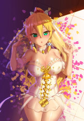 Rule 34 | 1girl, absurdres, blonde hair, blush, braid, breasts, bridal veil, chou shippai-saku, collarbone, commentary request, cowboy shot, detached collar, detached sleeves, dress, elf, green eyes, hair between eyes, highres, large breasts, leafa, lips, long hair, looking at viewer, lying, on back, parted lips, pointy ears, ponytail, revision, shiny skin, sword art online, thighhighs, tile floor, tiles, twin braids, veil, very long hair, wedding dress