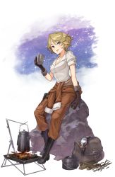 Rule 34 | 1girl, artist request, bag, black footwear, black gloves, blonde hair, blue eyes, boots, breasts, brown gloves, clothes around waist, cross-laced footwear, cup, dress shirt, fire, firewood, full body, gloves, goggles, unworn goggles, highres, holding, holding cup, jacket, jacket around waist, jane mclean, kindling, lace-up boots, looking at viewer, medium breasts, night, night sky, official art, outdoors, pants, pilot suit, pocket, pot, princess principal, princess principal game of mission, rock, shirt, short hair, sitting, sky, smile, solo, star (sky), starry sky, stick, tea kettle, transparent background, white shirt, wood