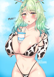 Rule 34 | 1girl, :o, animal print, antlers, arm warmers, between breasts, bikini, blue background, blush, breasts, bubble tea, bubble tea challenge, ceres fauna, cow print, cow print bikini, green hair, highres, hololive, hololive english, horns, large breasts, navel, open mouth, print bikini, solo, swimsuit, virtual youtuber, yellow eyes, yirusann