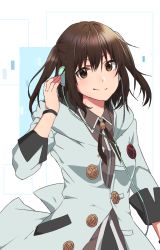 Rule 34 | 1girl, alternate costume, brown eyes, brown hair, buttons, earphones, grey jacket, hair between eyes, jacket, kantai collection, long sleeves, rinto (rint rnt), sendai (kancolle), short hair, smile, solo, two side up, wristband