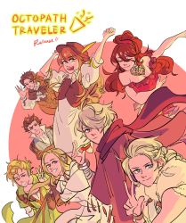 Rule 34 | 4boys, 4girls, absurdres, alfyn (octopath traveler), asteraws, blonde hair, blue eyes, bracelet, braid, brown hair, cyrus (octopath traveler), dancer, dress, everyone, gloves, h&#039;aanit (octopath traveler), hairband, hat, highres, jewelry, long hair, looking at viewer, multiple boys, multiple girls, necklace, octopath traveler, octopath traveler i, olberic eisenberg, ophilia (octopath traveler), primrose azelhart, short hair, simple background, smile, therion (octopath traveler), tressa (octopath traveler), weapon