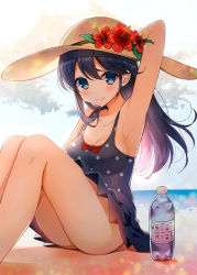 Rule 34 | 10s, 1girl, arm up, armpits, black hair, blue eyes, blush, bottle, bow, breasts, cleavage, female focus, flower, gradient background, hat, hat flower, hibiscus, kantai collection, large breasts, long hair, looking at viewer, one-piece swimsuit, polka dot, polka dot swimsuit, purple hair, sitting, smile, solo, sun hat, swimsuit, ushio (kancolle), water bottle, yadapot