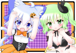 Rule 34 | 2girls, alternate costume, animal ears, blue eyes, blue hair, blush, bow, breasts, cat ears, cat tail, cirno, cleavage, daiyousei, flat chest, green eyes, green hair, hair bow, halloween, highres, ice, mofu mofu, multiple girls, open mouth, short hair, side ponytail, tail, touhou, wings