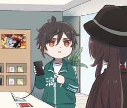 Rule 34 | 1boy, 1girl, brown hair, brown headwear, china tracksuit, commentary, english commentary, genshin impact, green jacket, hat, highres, holding, holding phone, hu tao (genshin impact), hu tao (oneplus) (genshin impact), indoors, jacket, long hair, looking at another, meme attire, open mouth, phone, pointing, shirt, standing, t-shirt, twintails, white shirt, xinzoruo, zhongli (genshin impact)