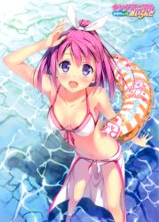 Rule 34 | 1girl, :d, absurdres, arm up, bad id, bad yandere id, bare shoulders, bikini, blush, breasts, cleavage, collarbone, covered erect nipples, foreshortening, front-tie top, highres, innertube, kantoku, long hair, navel, open mouth, original, pink hair, ponytail, purple eyes, sarong, scan, shiny skin, smile, solo, sunlight, swim ring, swimsuit, wading, water, white bikini, wide ponytail, young animal (magazine)