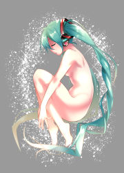 Rule 34 | 1girl, barefoot, caffein, closed eyes, fetal position, from side, full body, green hair, grey background, hatsune miku, headphones, highres, long hair, nude, profile, simple background, solo, sparkle, twintails, very long hair, vocaloid