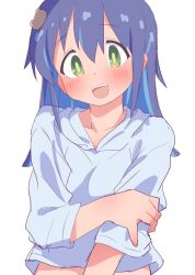 Rule 34 | 1girl, :d, blue hair, blue shirt, blush, colored inner hair, commentary, green eyes, hair between eyes, hair ornament, hand on own arm, hatafuta, long sleeves, multicolored hair, onii-chan wa oshimai!, open mouth, shirt, simple background, smile, solo, teeth, tenkawa nayuta, two-tone hair, upper body, upper teeth only, white background