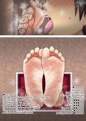 Rule 34 | 1boy, 1girl, barefoot, feet, foot focus, foot worship, highres, licking, nail, nush advance, soles, steam, toenails, toes, tongue, tongue out