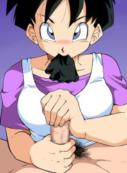 Rule 34 | 1girl, amedama akihito, black hair, blue eyes, blush, breasts, censored, closed mouth, clothed female nude male, dragon ball, dragonball z, gradient background, handjob, looking at viewer, lying, male pubic hair, medium breasts, mosaic censoring, mouth hold, nude, old school academy, penis, pov, pubic hair, purple shirt, shirt, short hair, simple background, solo focus, videl, white shirt