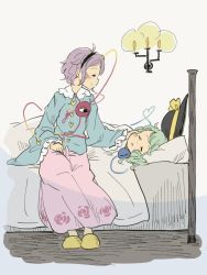 Rule 34 | 2girls, bed, black hat, blanket, blouse, blue shirt, blush stickers, buttons, candle, candlelight, chii-kun (seedyoulater), closed eyes, collared shirt, green hair, hairband, hand on another&#039;s face, hand on own thigh, hat, hat ribbon, heart button, komeiji koishi, komeiji satori, long skirt, multiple girls, on bed, pillow, pink skirt, purple eyes, purple hair, ribbon, shirt, siblings, silver background, sisters, sitting, skirt, sleeping, slippers, third eye, touhou, unworn hat, unworn headwear, wide sleeves, wooden floor