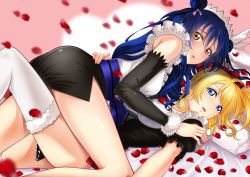 Rule 34 | 2girls, absurdres, apron, ayase eli, bare shoulders, bed sheet, blonde hair, blue eyes, blue hair, blush, commentary request, detached sleeves, double bun, earrings, hair between eyes, hair bun, hand on another&#039;s hip, hand on another&#039;s shoulder, headgear, highres, ibuki kai, jewelry, leg between thighs, long hair, looking at viewer, love live!, love live! school idol project, lying, maid, maid apron, maid headdress, mogyutto &quot;love&quot; de sekkin chuu!, multiple girls, on back, on bed, open mouth, petals, pillow, ponytail, sonoda umi, thighhighs, white legwear, yellow eyes, yuri