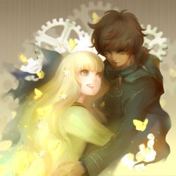 Rule 34 | 1boy, 1girl, bad id, bad pixiv id, black cape, blonde hair, blue eyes, brown hair, bug, butterfly, cape, collar, dark-skinned male, dark skin, eye contact, flower, gakuran, gears, hair flower, hair ornament, hekoheko, hetero, hug, insect, long hair, looking at another, open mouth, persona, persona q: shadow of the labyrinth, persona q (series), rei (persona q), school uniform, serafuku, smile, spiked collar, spikes, stitches, teeth, torn cape, torn clothes, upper body, watch, wristwatch, zen (persona q)