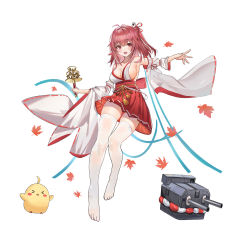 Rule 34 | 1girl, absurdres, azur lane, bare shoulders, breasts, cleavage, dead or alive, detached sleeves, falling leaves, hakama, hakama skirt, highres, honoka (doa), japanese clothes, leaf, liangyimo, manjuu (azur lane), maple leaf, open mouth, pink hair, red eyes, skirt, solo, thighhighs, turret, white thighhighs, wide sleeves