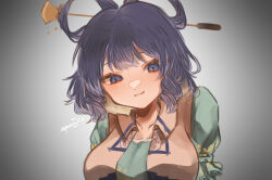 Rule 34 | 1girl, backlighting, blue dress, blue eyes, blue hair, blush, breasts, closed mouth, collarbone, commentary request, dress, eyebrows hidden by hair, grey background, hair ornament, hair rings, hair stick, half-closed eyes, highres, kaku seiga, large breasts, light smile, looking at viewer, medium hair, nose blush, puffy short sleeves, puffy sleeves, pukuno, short sleeves, signature, simple background, solo, touhou, upper body, vest, white vest, wing collar