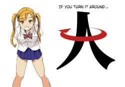 Rule 34 | 1girl, :d, arms behind back, arrow (symbol), bent over, blue skirt, borusen, bow, hard-translated, kanji, long hair, looking at viewer, open mouth, original, pleated skirt, school uniform, simple background, skirt, smile, standing, third-party edit, translated, twintails, white background