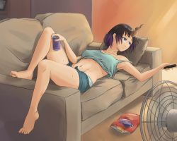 Rule 34 | 10s, 1girl, barefoot, blue panties, blue shorts, breasts, brown hair, camisole, can, chips (food), closed mouth, collarbone, commentary, controller, couch, covered erect nipples, cushion, electric fan, elma (maidragon), feet, food, full body, highres, holding, horns, indoors, jaqithehermit, kobayashi-san chi no maidragon, looking away, lying, medium breasts, multicolored hair, navel, on back, on couch, panties, potato chips, purple hair, remote control, short hair, short shorts, shorts, single horn, sketch, solo, strap slip, sweat, toes, two-tone hair, unbuttoned, underwear