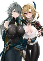 Rule 34 | 2girls, absurdres, alhaitham (genshin impact), arm under breasts, black gloves, black pants, blonde hair, blue eyes, blush, breasts, cape, chest jewel, clothing cutout, covered erect nipples, detached sleeves, earrings, feather hair ornament, feathers, genderswap, genderswap (mtf), genshin impact, gloves, hair between eyes, hair ornament, hand on another&#039;s waist, highres, jewelry, kaveh (genshin impact), large breasts, long hair, looking at viewer, multicolored hair, multiple girls, nail polish, navel cutout, nipio, pants, parted lips, partially fingerless gloves, red eyes, red nails, simple background, very long hair, white background