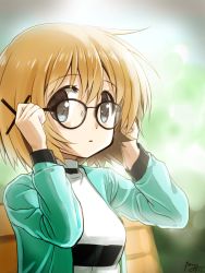 Rule 34 | 1girl, artist name, bench, bespectacled, blush, brown eyes, brown hair, casual, glasses, hair ornament, hairclip, hidamari sketch, jacket, long sleeves, looking at viewer, open mouth, percy pyl, short hair, signature, solo, turtleneck, upper body, x hair ornament, yuno (hidamari sketch)