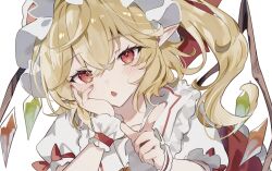 Rule 34 | 1girl, blonde hair, crystal wings, flandre scarlet, frills, hand on own cheek, hand on own face, highres, index finger raised, open mouth, pointy ears, red eyes, side ponytail, simple background, solo, sorani (kaeru0768), touhou, white background, wrist cuffs